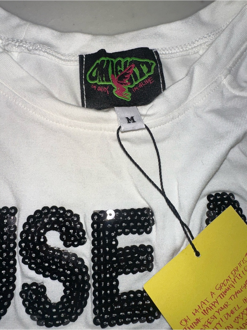 O mighty White Statement Tee with Black sequin Text - Picture 2 of 4
